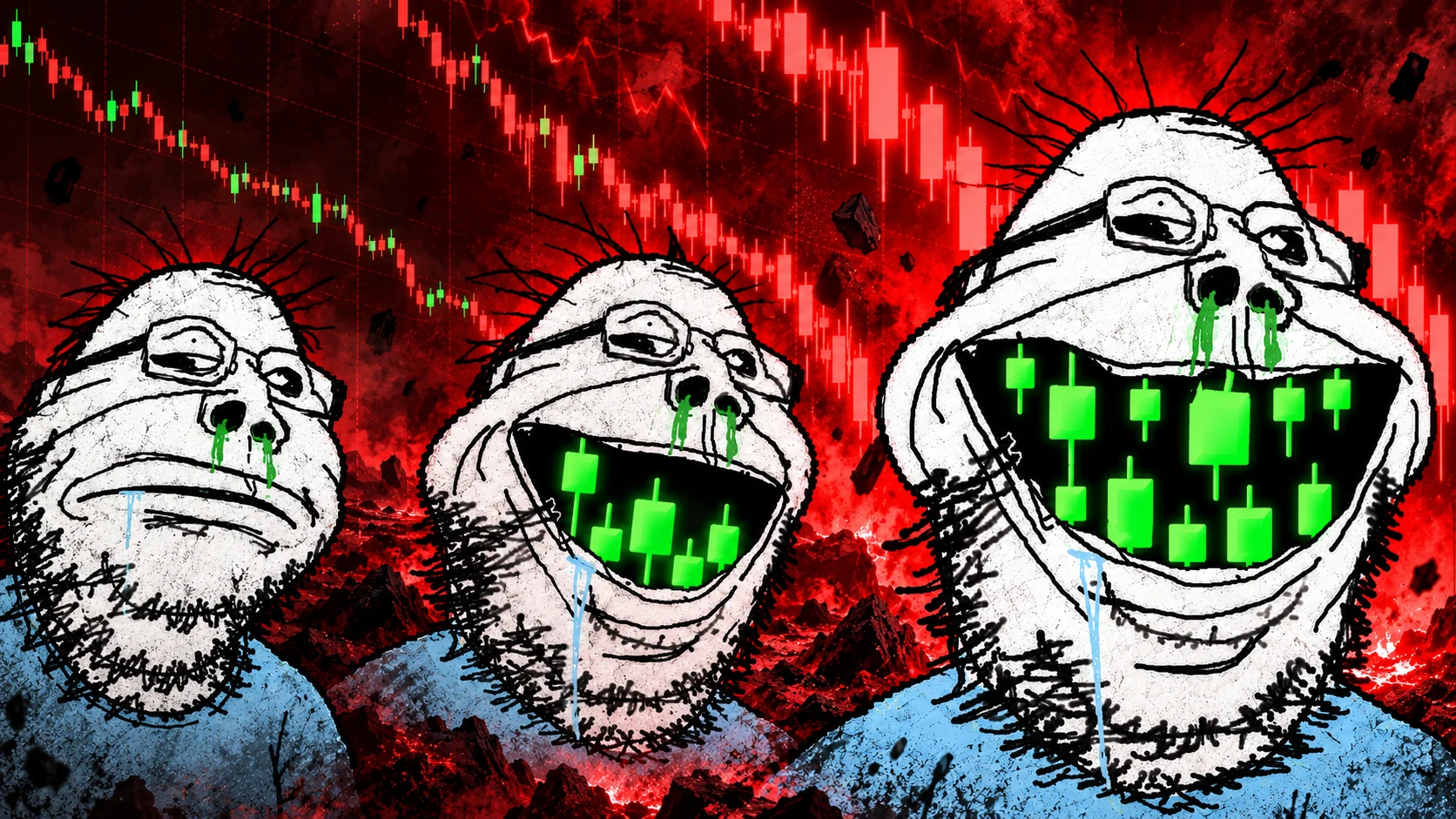 Three stages showing the trader transforming into Trade Teeth as the market crashes